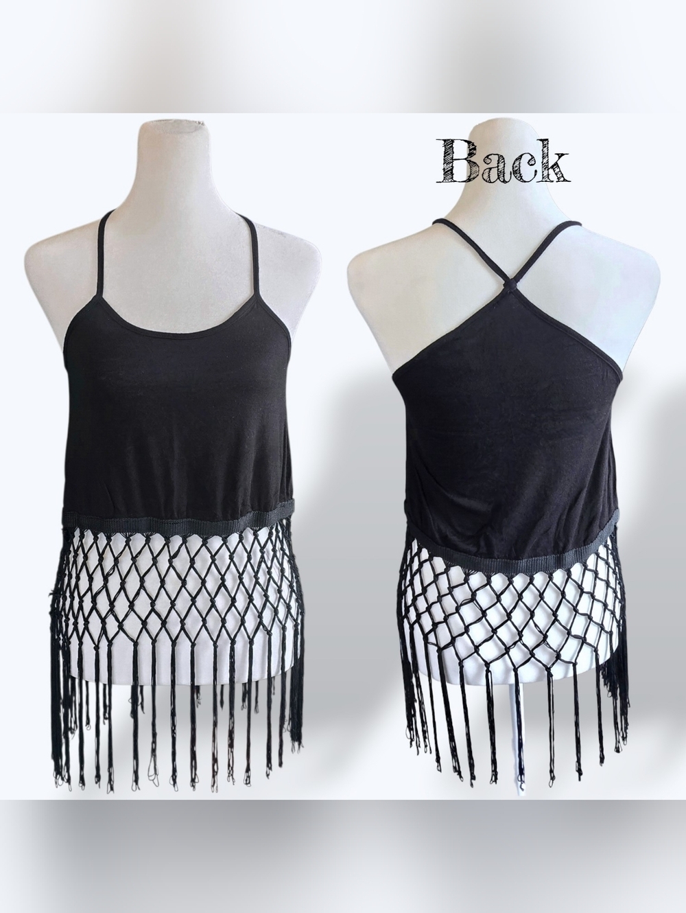 🟣 Rue21 Y2k Black Hanging Fringe Cropped Halter Strap Tank XSmall Mesh Fishnet
